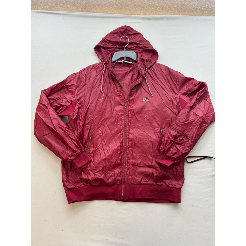 Vintage Izod Lacoste Windbreaker Jacket XL Maroon Burgundy Full Zip Hooded Nylon